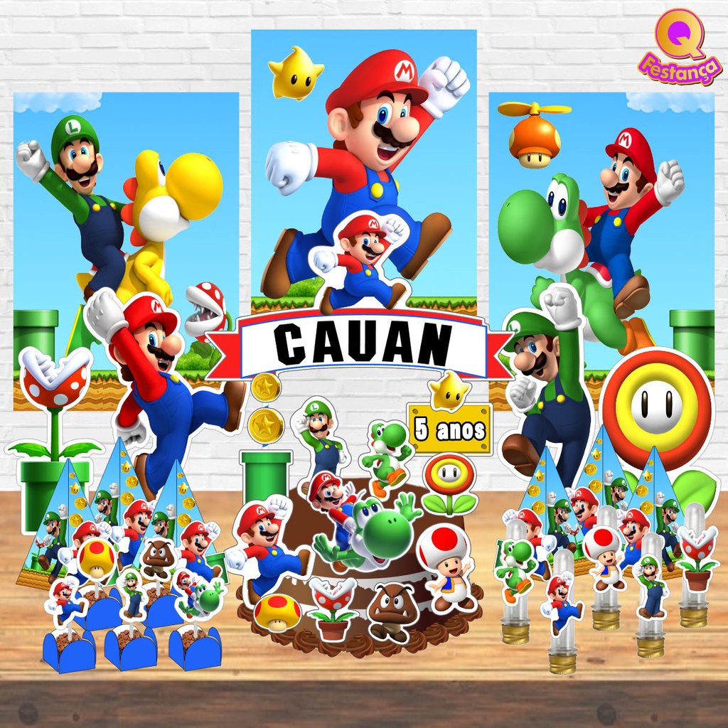 Kit Festa Super Mario Bros Display + Painel 100x60cm em Promoção