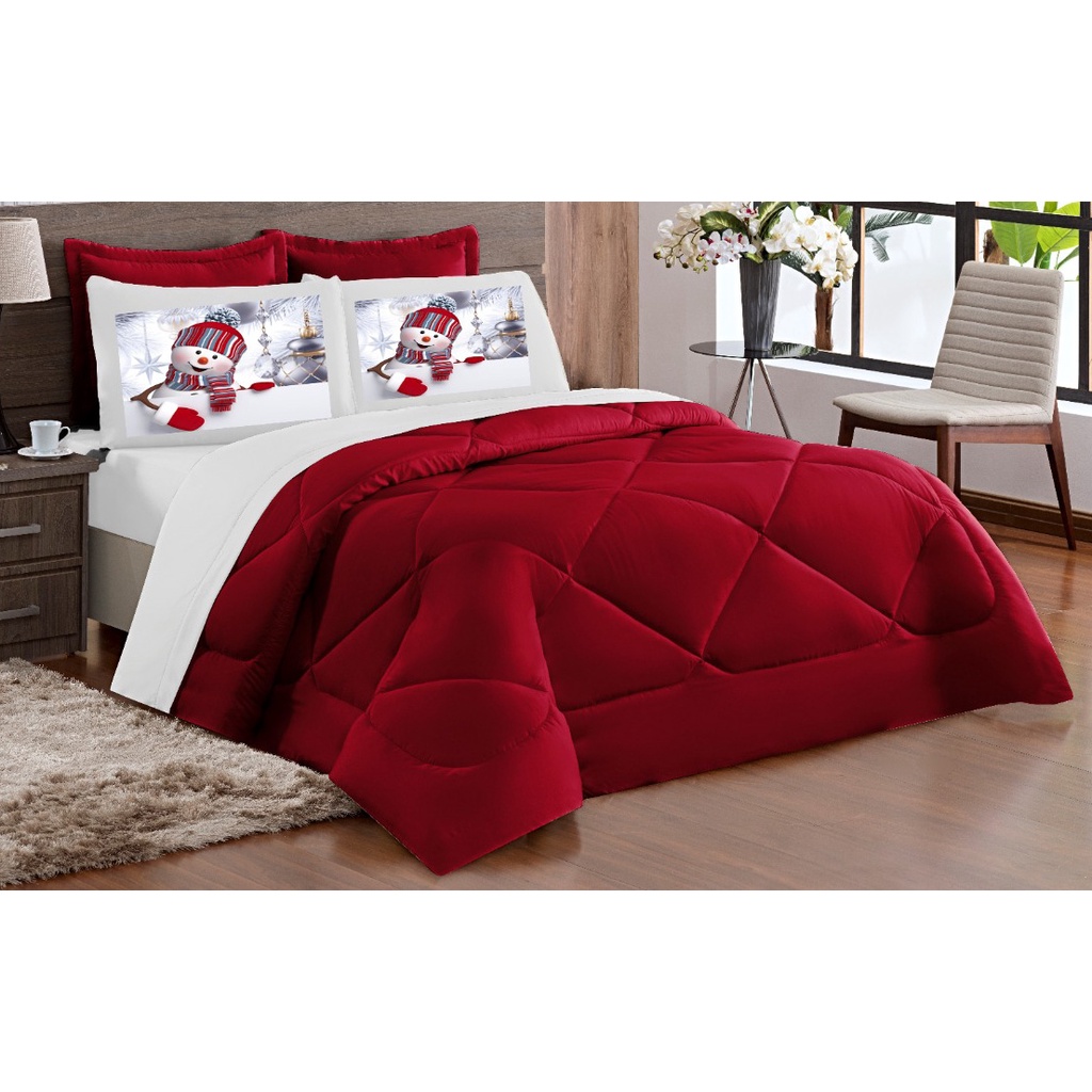 Kit NATAL Edredom dupla face Casal king 05 Peças Vermelho com Branco