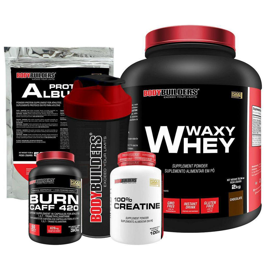 Kit Waxy Whey 2kg, Creatina 100% 100g, Burn Caff 60 Cápsulas, Albumina 500g, Coqueteleira – Bodybuilders