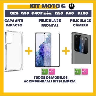 Kit Moto Linha G Capa Anti Impacto + Película Frontal 3D 9D + Película Câmera 3D da Lente Moto G10 G20 G22 G30 G31 G32 G41 G42 G50 G52 G62 G82 G60 G60S G100 G200