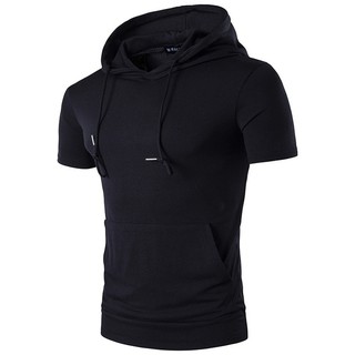 Camiseta de Manga Curta com Capuz Cor Lisa Gola Redonda Masculina