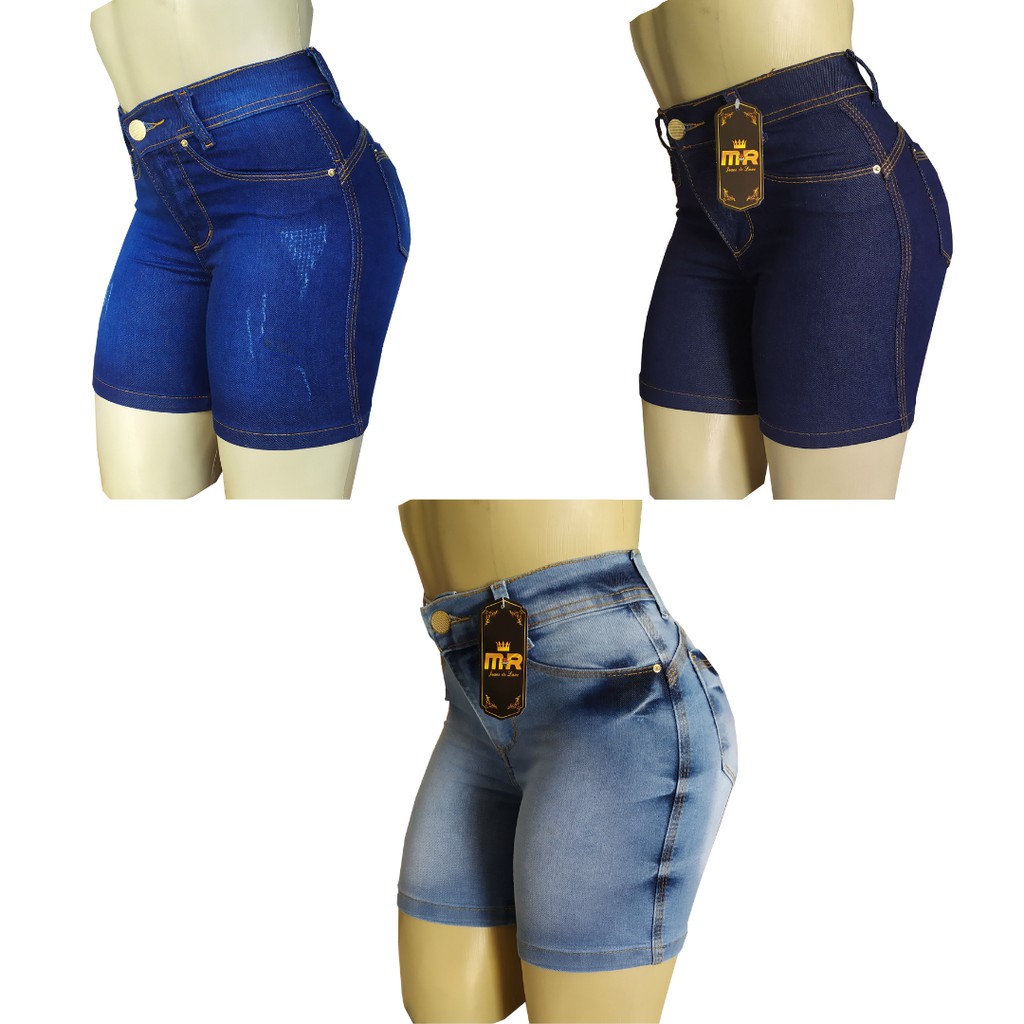 Shorts jeans cintura alta lycra feminino - kit com 3 - R$ 139.90