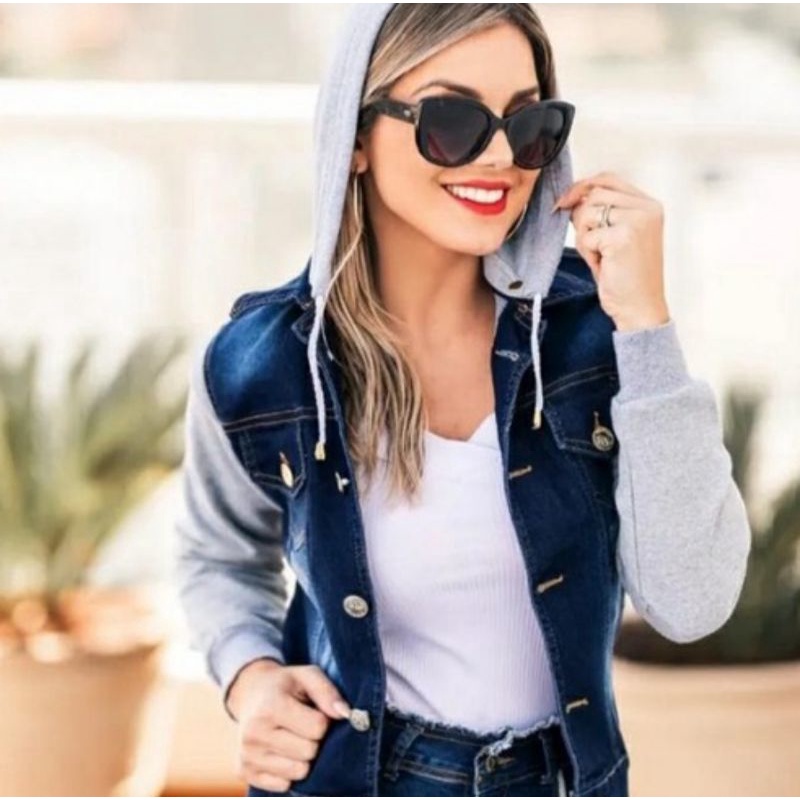 Jaqueta Jeans Feminina Com Elastano moletom capuz 40005 | Shopee Brasil
