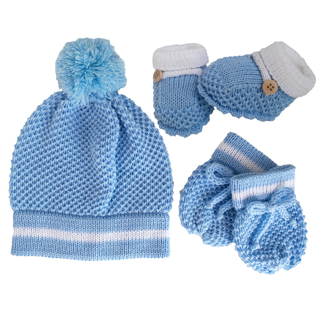 KIT Touca luva e sapatinho para Bebê recém nascido maternidade 0 a 3 meses em tricô de Linha