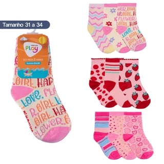 Kit 3 Meia Infantil Tamanho 31 a 34 Frio Algodão Menina Bebê Criança Feminino Qualidade