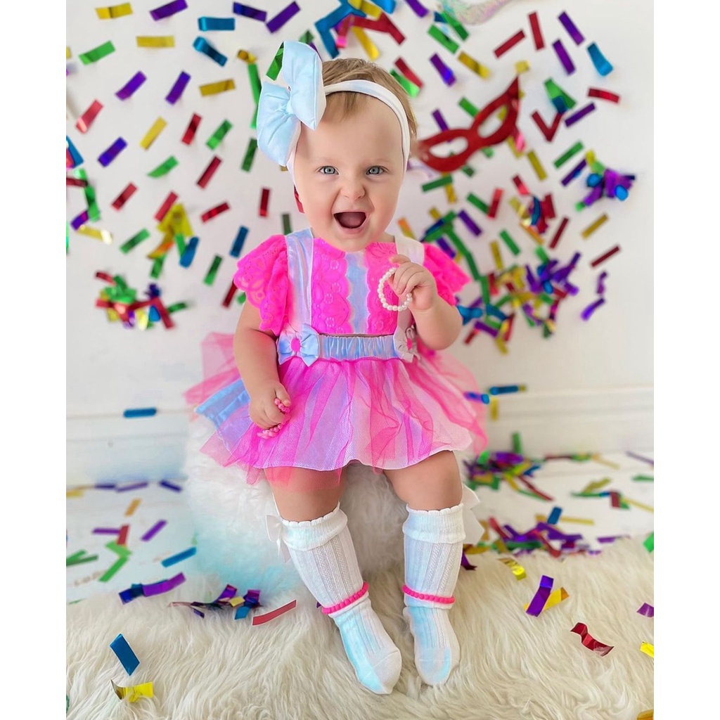 Jardineira Romper Salopete Barbie Bebe Infantil Mesversario Blogueirinha  Mini diva Roupa para Bebe