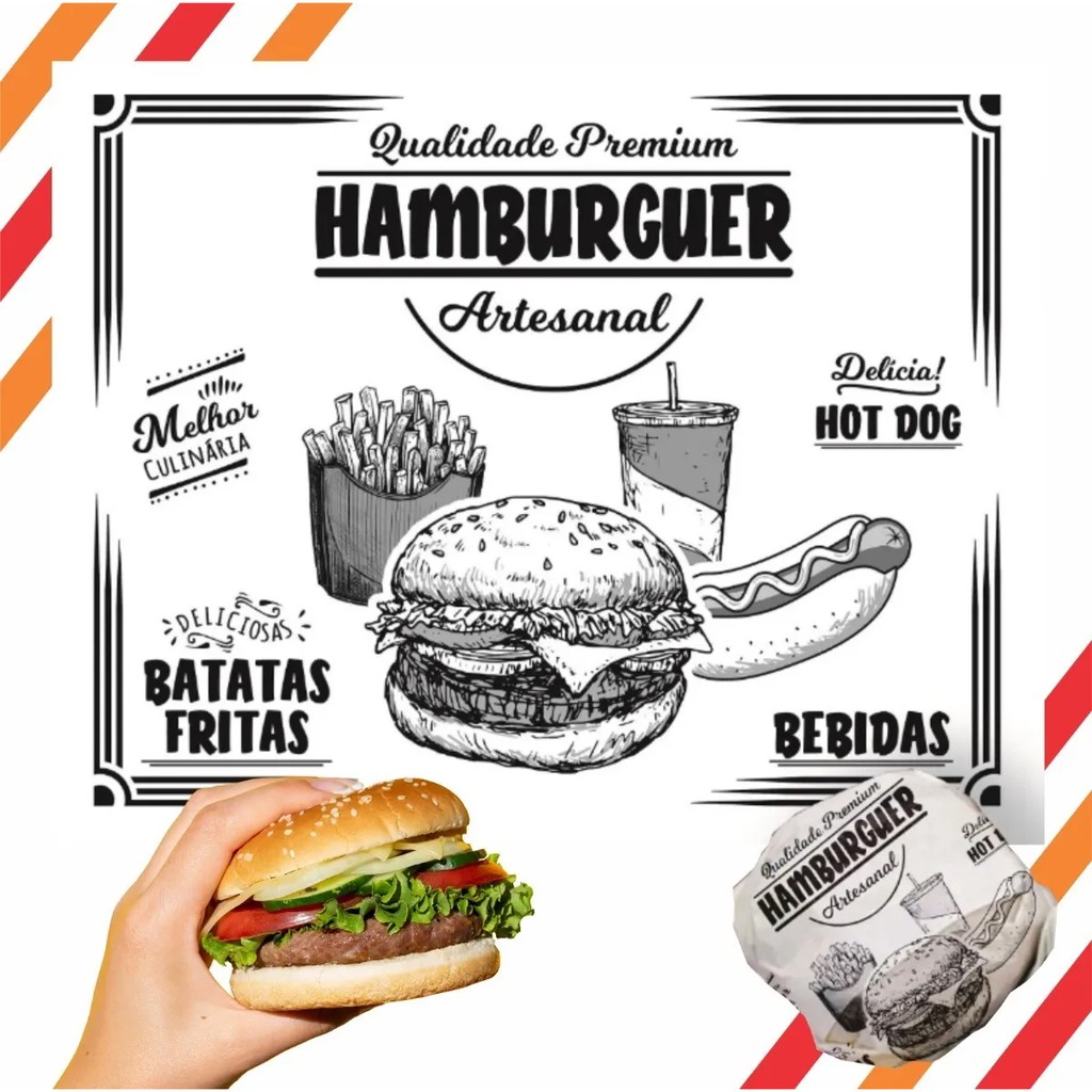Papel Acoplado c/ 500 unidades Tamanho 30x38cm - Hambúrguer Burger Lanche Frios Embalagem para Lanche