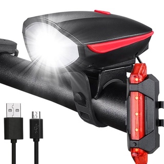 Kit Farol Para Bike Com Buzina Recarregável + Sinalizador Traseiro