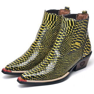Bota Country Texana masculina Amarela Couro Legítimo Bico Fino Salto
