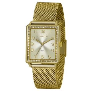 Relogio Lince Feminino Dourado quadrado com strass e numeros LQG4665L C2KX