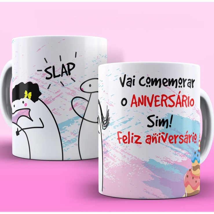 Caneca Porcelana a Flork Meme Feliz Aniversario Felicidades