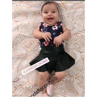 saia preta infantil peplum couro fake