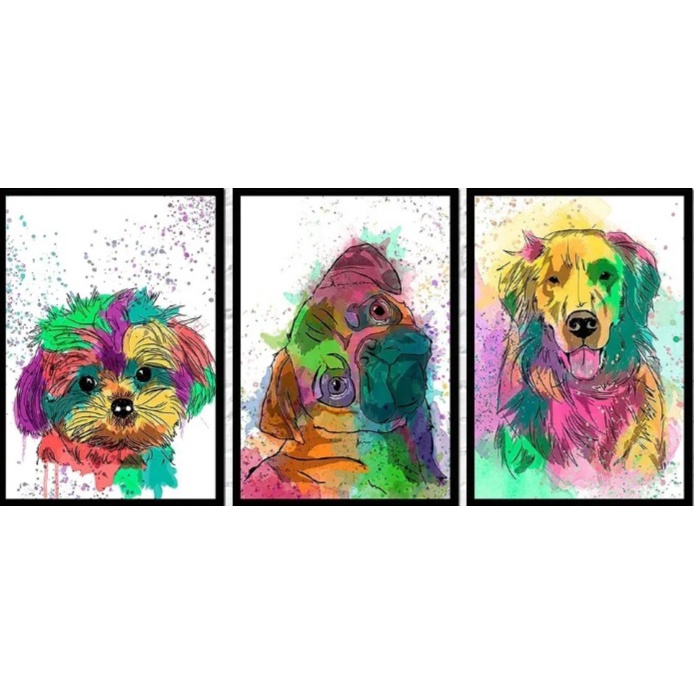 Quadro Decorativo Cachorros E Gatos Desenho Aquarela 4874