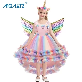 MQATZ Vestido De Natal Colorido Para Crianças Unicórnio Bebê Menina Fantasia Cosplay Festa Flor Princesa Vestidos De Aniversário Roupas De Faixa De Cabeça Asas 3pcs