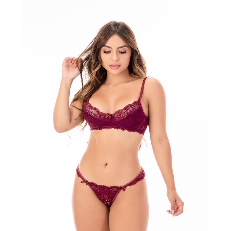 Conjunto Calcinha e Sutiã de Renda Sem Bojo Com Aro Lingerie Sexy Barato 313