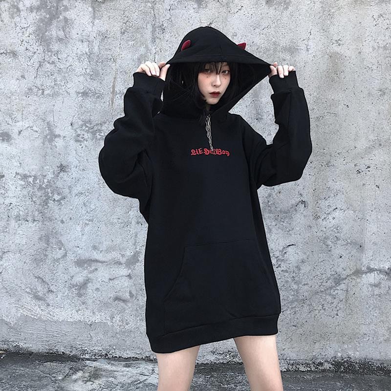 Harajuku Hoodies Girl Little Devil Horns Gothic Hooded Sweatshirts Women Demon Fly Wings Loose Pullovers Pocket Tops Shopee Brasil