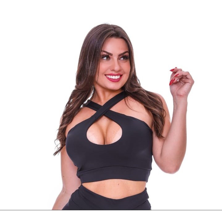 Top Fitness Cropped Decote Feminino Cruzado Preto Academia