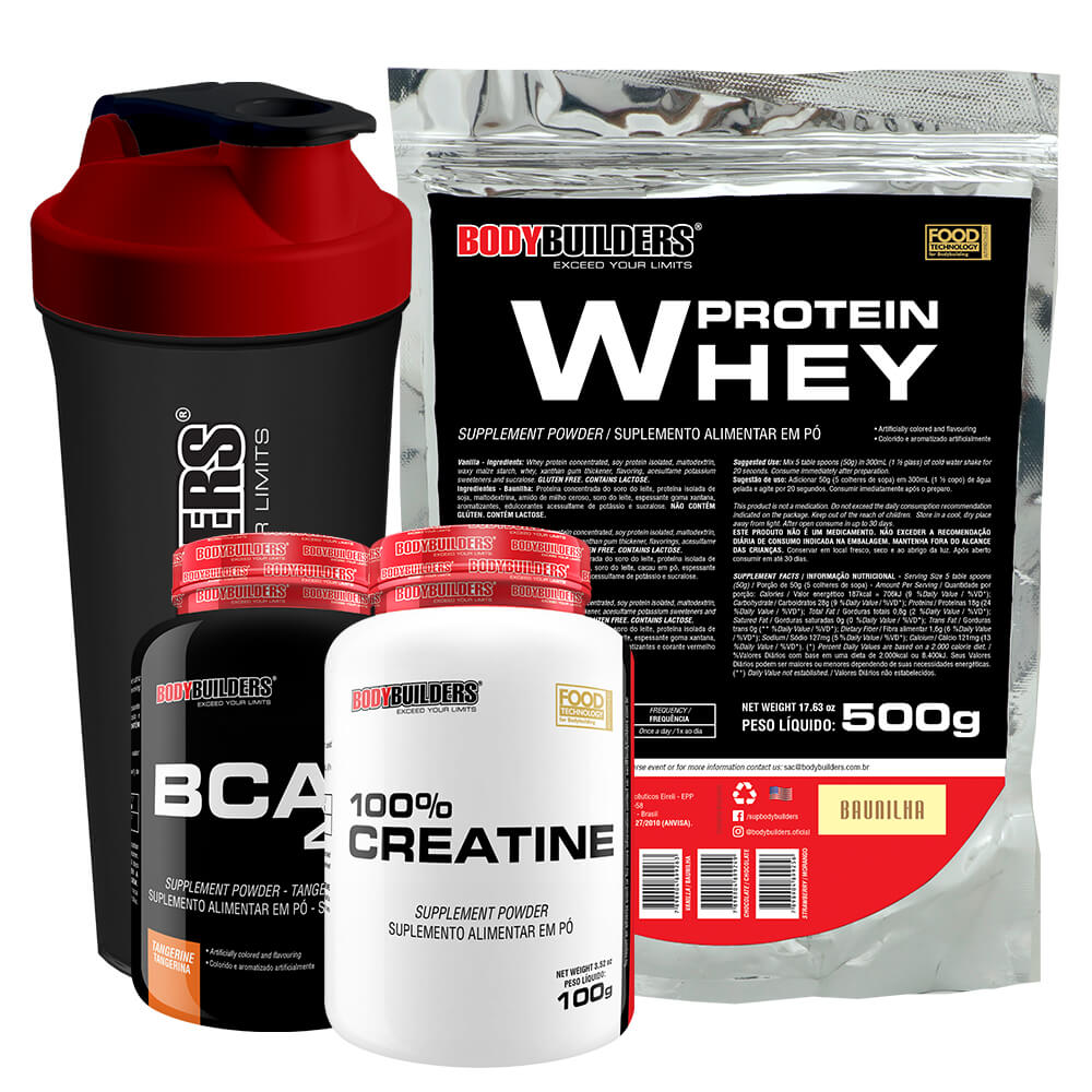 Kit Whey Protein 500g + BCAA 4.5 100 gr + Creatine 100g + Coqueteleira – Bodybuilders