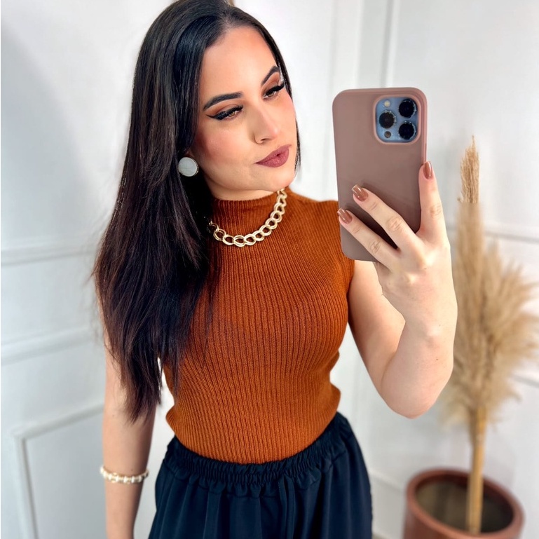 Blusa Trico Feminina Garrafinha Gola Alta Tricot Sem Mangas