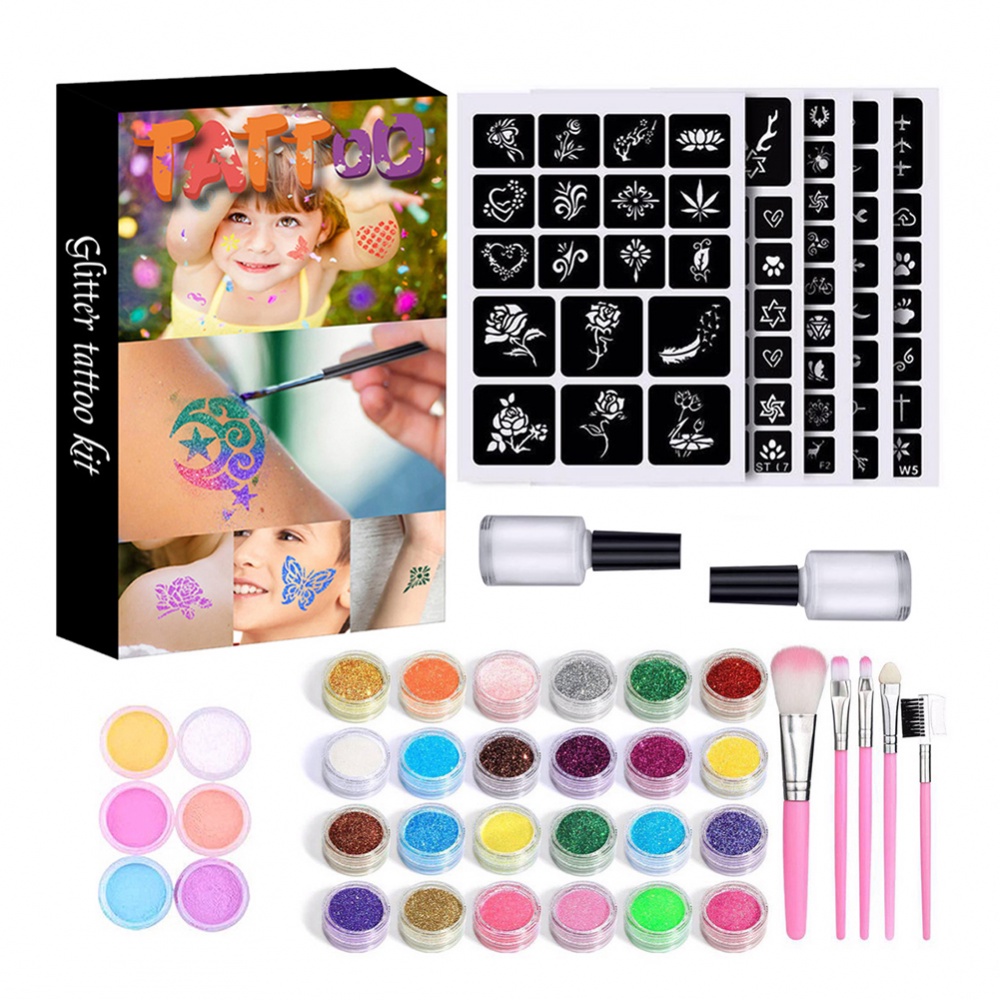 Kit de tatuagem temporária glitter para meninas, conjunto de