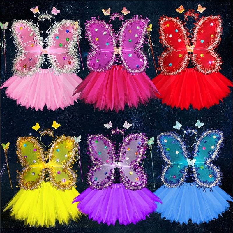 fada,Vestir roupas - Fantasia festa cosplay com asas varinha e tiara  conjunto roupas princesa para meninas Prachy