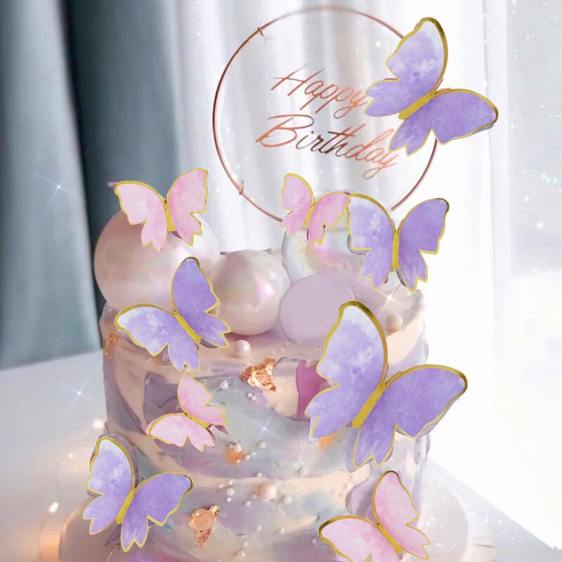 10 peças, decoração de bolo de borboleta de papel de simulação de borda  dourada rosa, decoração