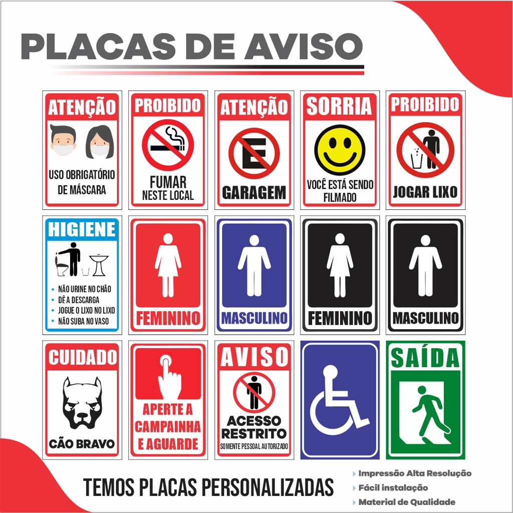 Placa Aviso / Proibido / Máscara / Placa Banheiro / Sanitário / Garagem / Sinalização / Cuidado / Atenção / Placas Personalizadas