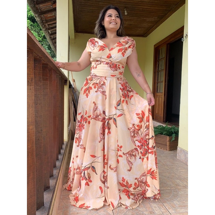 Vestido De Festa Plus Size Floral Transpassado Longo Estampa Exclusiva TNM  Collection