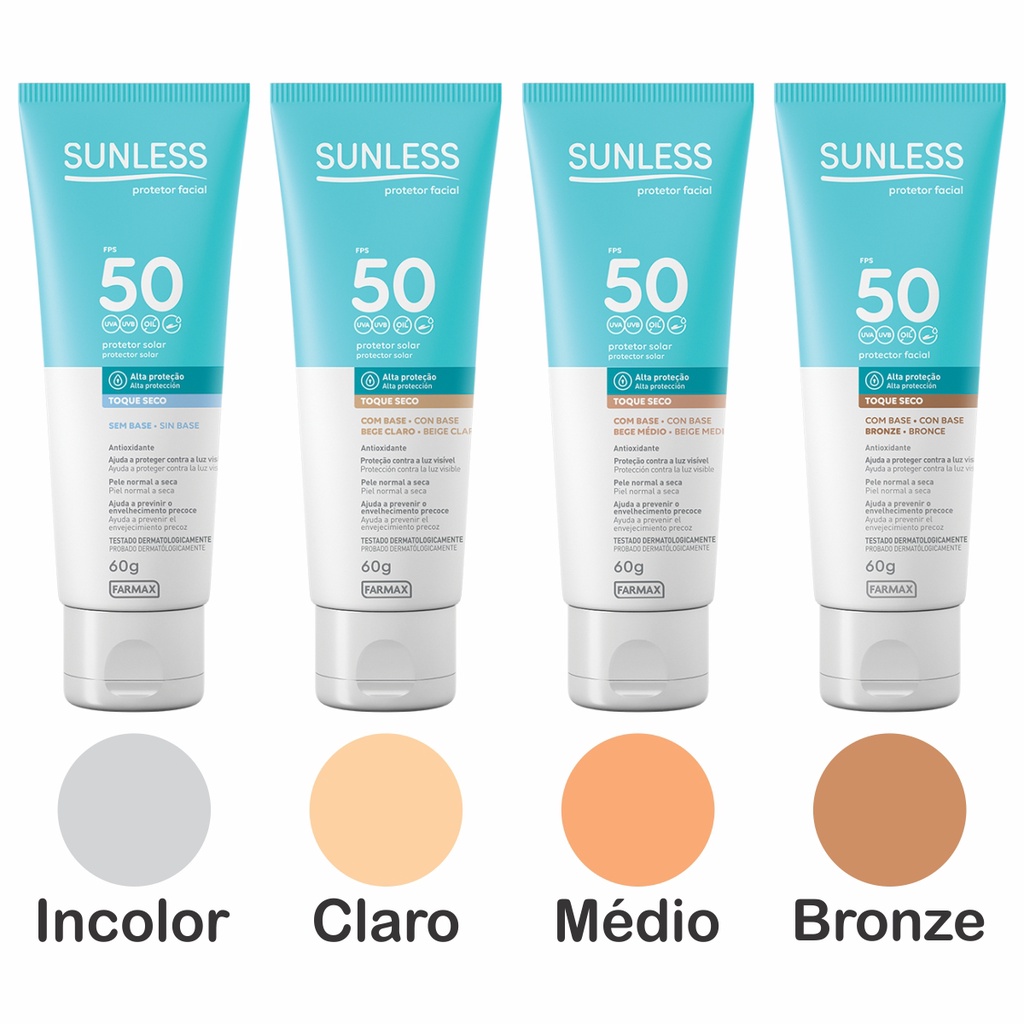 Protetor Solar Facial Sunless FPS 50 Farmax 60g A Escolher Incolor Bege Claro Médio Bronze