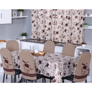 jogo de cozinha cortina toalha de mesa p/ 6 lugares 1kit com 6 de  encosto de cadeira Rapida entrega