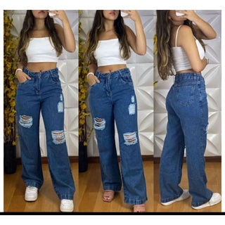 Calça Jeans Feminina Wide Leg Pantalona Cintura Alta Moda Atual