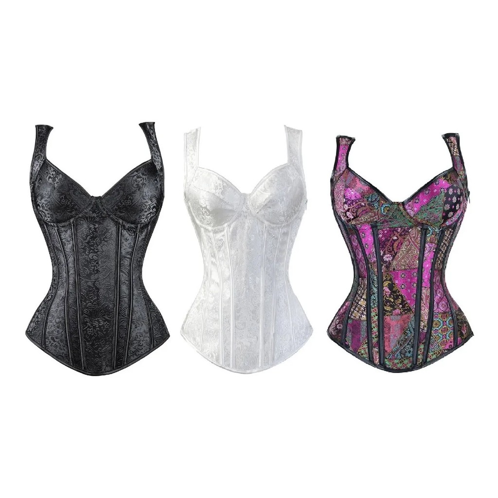 Corpete Corset Espartilho Overbust Luxo De Alça Com Zíper Lateral 15 Barbatanas PVC Vintage