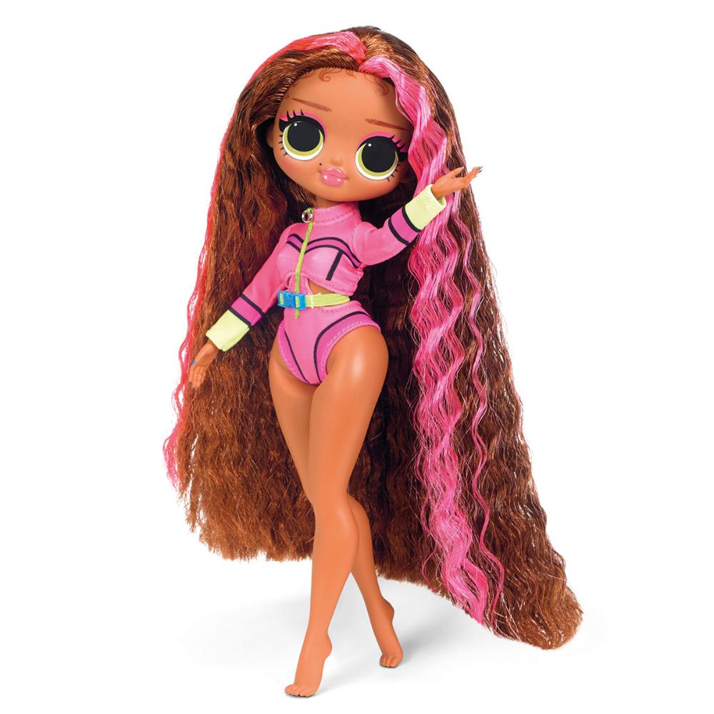 Boneca lol de vetor fofo com cabelo preto e rosa e grandes olhos