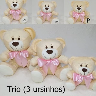Urso Avulso e Trio De Ursinhos Com Laço Rosa Cetim P/ Nichos 14cm 20cm 25cm