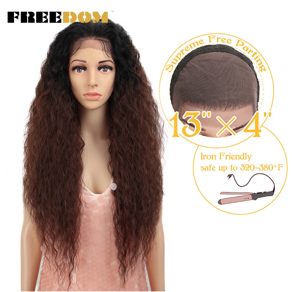 FREEDOM Kinky Cabeleira Curly Long Ombre Lace Front Wig Com Cabelo De Bebê Natural Sintética Resistente Ao Calor Para Mulheres Pretas