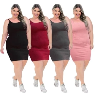 Kit Com 4 Vestidos Plus Size Canelado de Alça Sem Bojo Moda Feminina Blogueira Super Estilosos