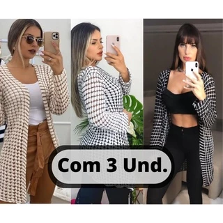 Cardigan Kit 3 Unidades Manga Longa Tricô Tendencia Feminina