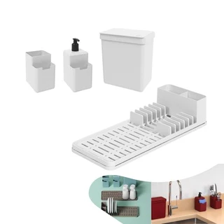 Kit 4 Pçs Lixeira 2,5L Dispenser Detergente Escorredor De Louça Organizador Pia Single - BC Coza