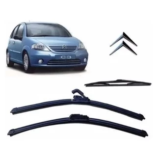 Kit 3 Palhetas Limpador Parabrisa Dianteiro + Traseiro Para Citroen C3 2002 2003 2004 2005 2006 2007 2008 2009 2010 2011 2012