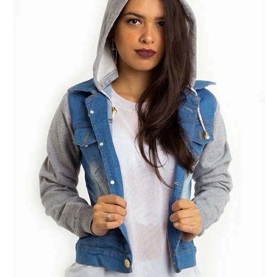 Jaqueta jeans feminina com sales moletom