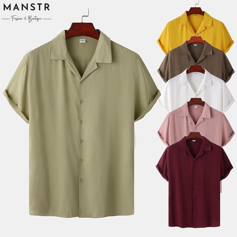 Homens Coreano Slim Fit Colarinho Cubano Camisa De Manga Curta Casuais  Botão Para Baixo Simples Topos Básicos Branco/Amarelo/Rosa/Vinho  Vermelho/Khaki/Exército Verde