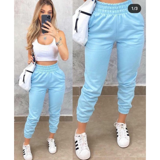 Calça feminina Jogger Cintura alta tipo moletom com elastano