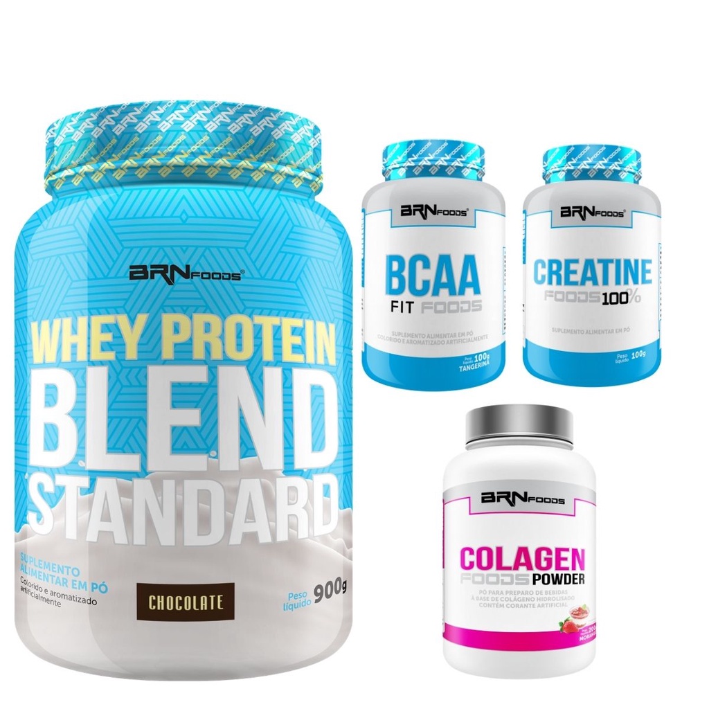 Kit Whey Protein Blend Standard 900g + Creatina Monohidratada 100% Pura 300g + BCAA 100g + Colágeno Sabor Morango 200g – BRN FOODS