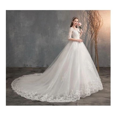 Vestido de Noiva Casamento Estilo Princesa Super Luxo com Cauda Longa  Rendado Vestido de Noiva Princesa Rendado Manga Longa (38, BRANCO)