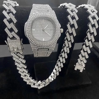 Relogio masculino Com corrente cravejada Ice relógio cravejado colar masculino Diamante corrente masculina Hip Hop pulseira masculina Jóias