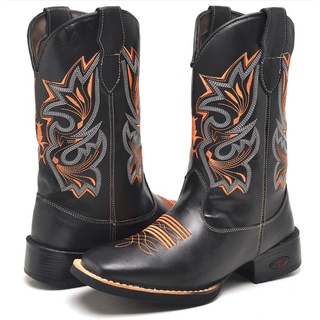 Bota Masculina Texana Country Em Couro Legitimo Cano Alto Bordado Bico quadrado