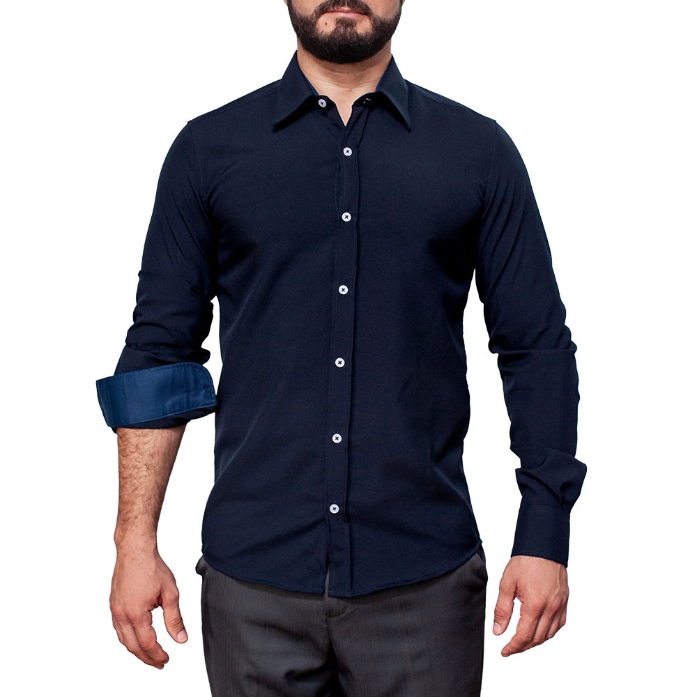 Camisa Social de Microfibra Slim Fit Azul Marinho