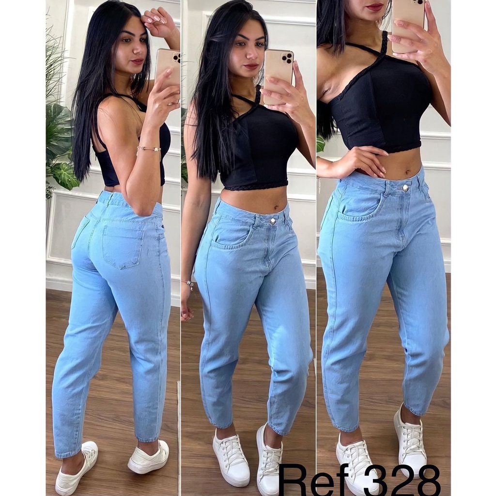 Calça Feminina Jeans Mom Moda Rasgos Luxo Cintura Alta