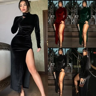 Mulheres De Veludo Longo Partido Prom Cocktail Evening Bodycon Dividir Vestido Gola Alta