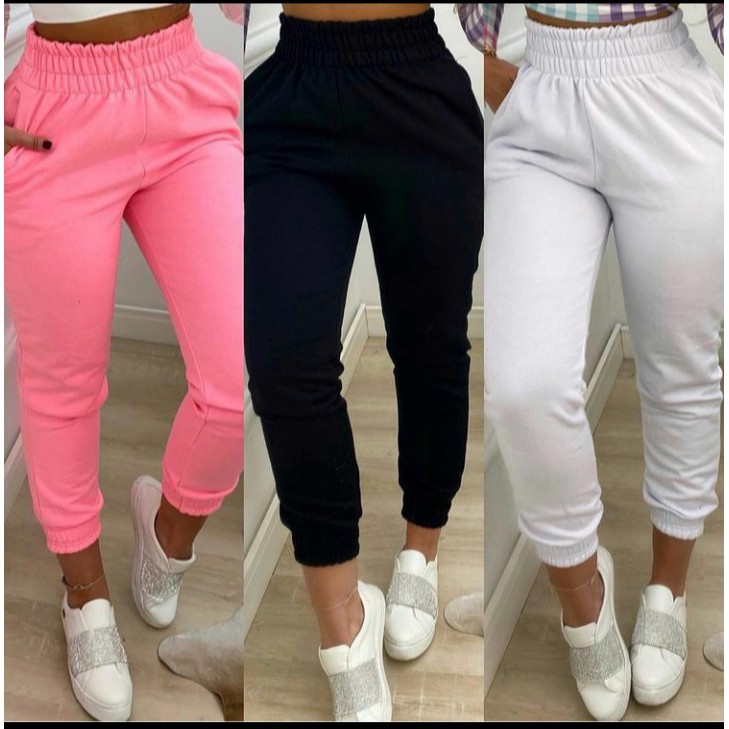 Calça Jogger Feminina Moletom flanelada cintura alta com bolso M e G